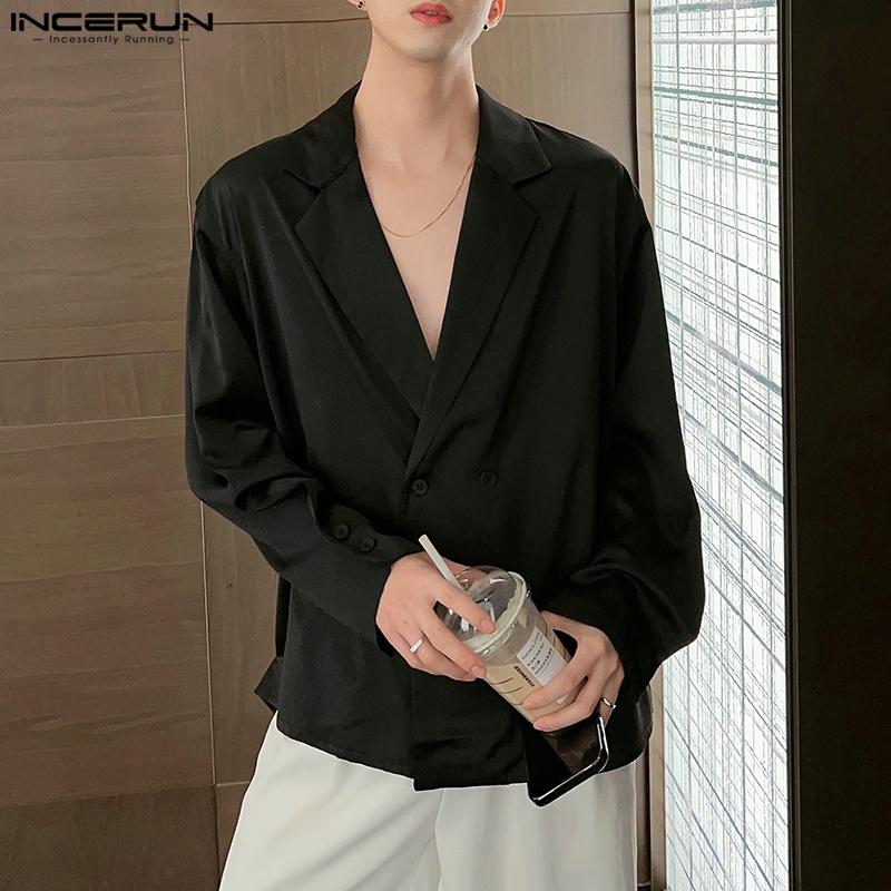 INCERUN Men Autumn Lapel Neck Double-breasted Long Sleeve Shirts Tops