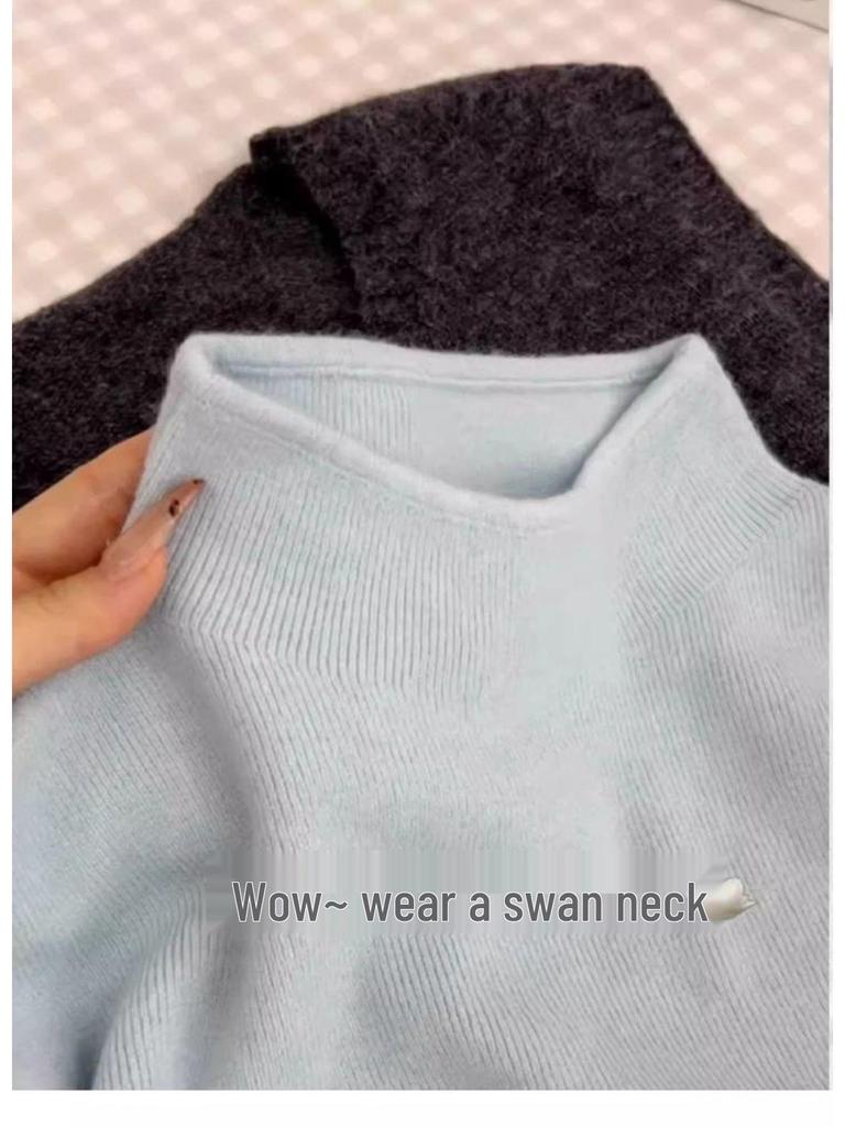 Фуфу Детский Голубой Вязаный Свитер с Полувысоким Воротником, Приталенный, с Длинным Рукавом для Осени и Зимы