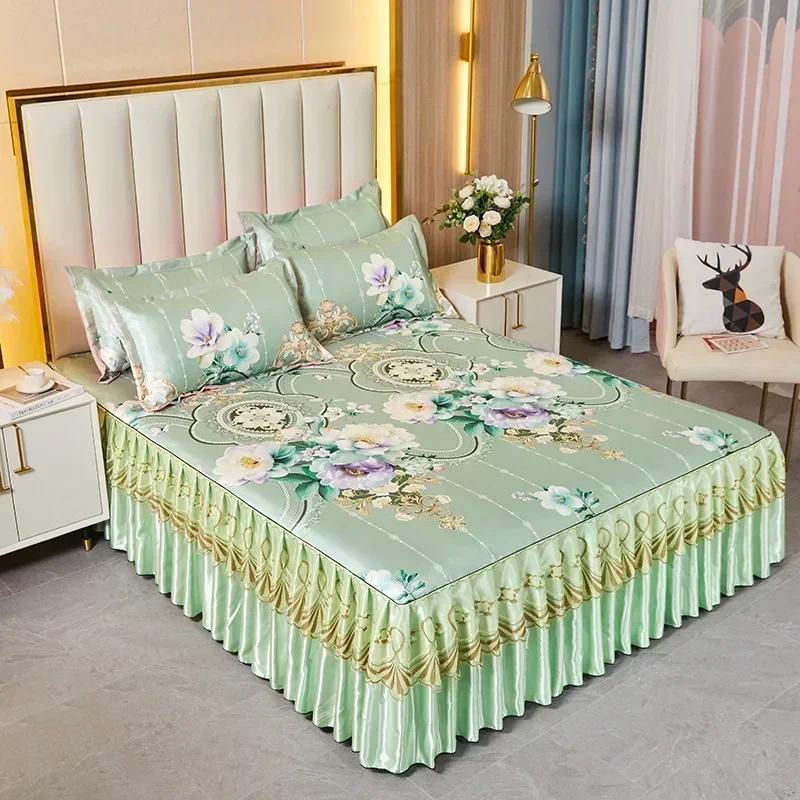 3 предмета постельных принадлежностей, классическое кружевное королевское синее покрывало, юбка, можно стирать в машине, с резинкой для простыней королевского размера, кровати