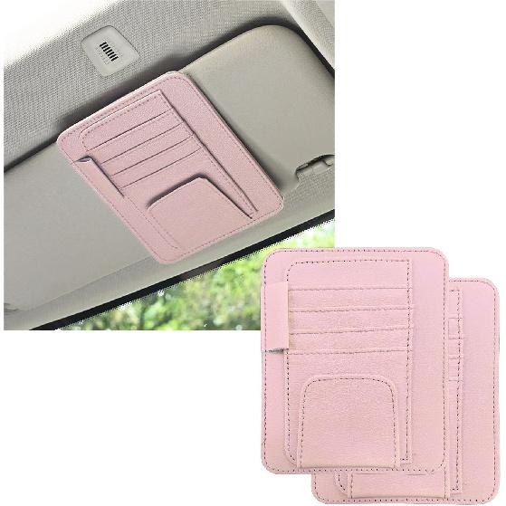 2PCS Small Leather Car Sun Visor Organizer, Multifunctional Auto Visor Document Holder with Sunglasses Clip, Universal Car Interior Organizer for