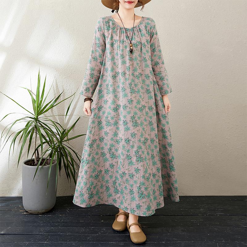 Dimanaf New 2025 Women Plus Size Spring Basic Long Dress Long Sleeve Loose Casual Floral Vintage Maxi Oversize