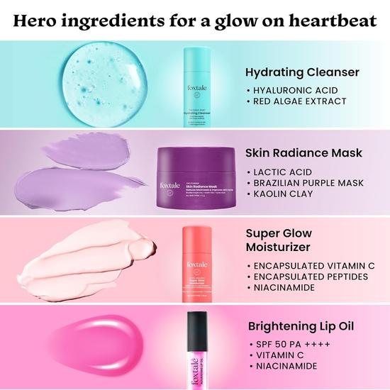 Подарочный набор Foxtale Glow On Heartbeat Skincare | Увлажняющее очищающее средство, маска для лица, удаляющая загар | Удобный для путешествий набор для ухода за собой для сияния кожи