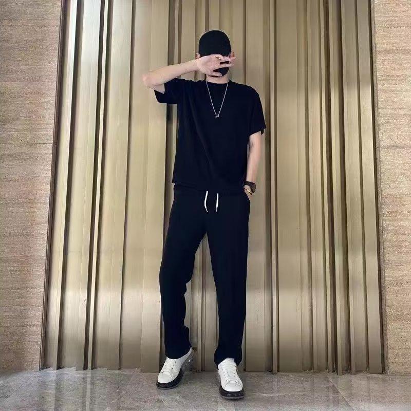 Men's Summer Fashion Loose Large Size Ice Silk Suit Classic Crewneck Casual Solid Color High-quality Two-piece Set