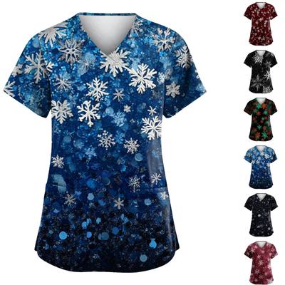 Большие размеры Рождественский принт Рабочая униформа Топы для женщин V-образный вырез Короткие рукава Футболки рабочая одежда Футболка с карманами