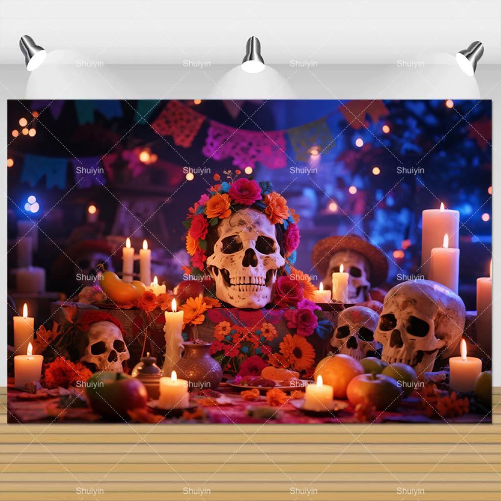 Day Of The Dead Photography Backdrop Skull Marigold Mexican Fiesta Día De Los Muertos Decoration Party Supply Photo Studio Props