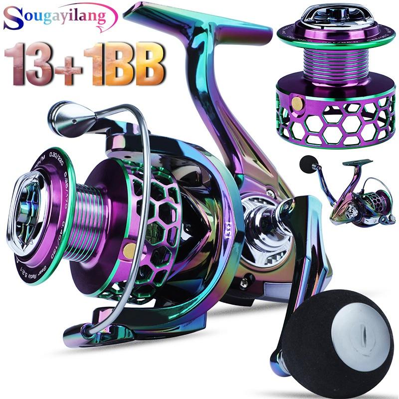 SOUGAYILANG Spinning Fishing Reel 13 + 1BB Colorful Top Quality Windlass High Speed Gear Ratio 5.2: 1 Max Drag 8kg Full Metal  Hollow Out Fishing Reel