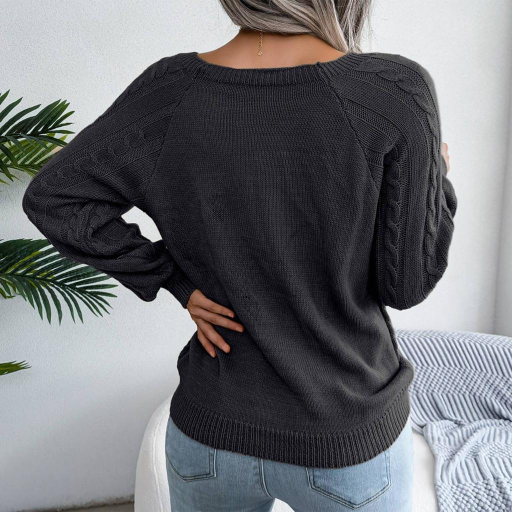 Women's Fashion Casual Solid Color Square Neck Button Cable Knit Pullover Sweater