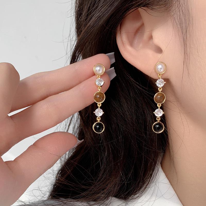 Длинные серьги с жемчугом и тигровым глазом: Новая Высококлассная Осенне-Зимняя Мода для Женщин