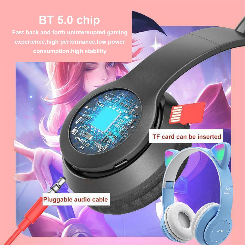 P47M TWS Беспроводные наушники Bluetooth-гарнитура Складные стерео светодиодные наушники с кошачьими ушками и шумоподавлением для молодых людей и детей
