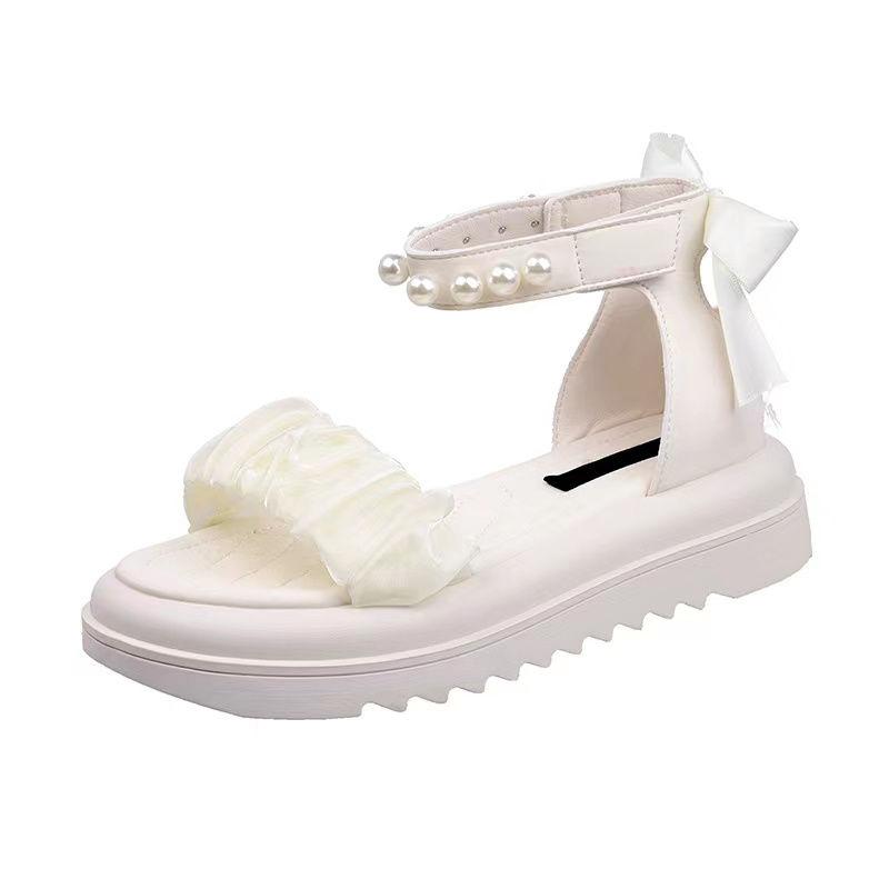 Лето 2024 года, бежевые босоножки для женщин, обувь с открытым носком, стразы, женская обувь, ромбовидная платформа, бант, средний каблук H Корея F