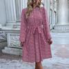 Spring and Autumn Women's Dress Fashion Pleated Printed Long Sleeve Red Dresses