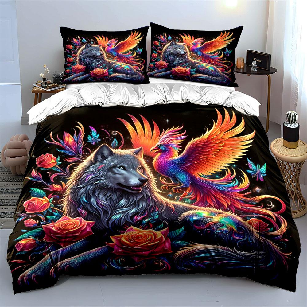 3Pcs Wolf and Phoenix Bedding Set, Vibrant Mythical Print Duvet Cover + 2 Pillowcases, Fantasy Animal Decor