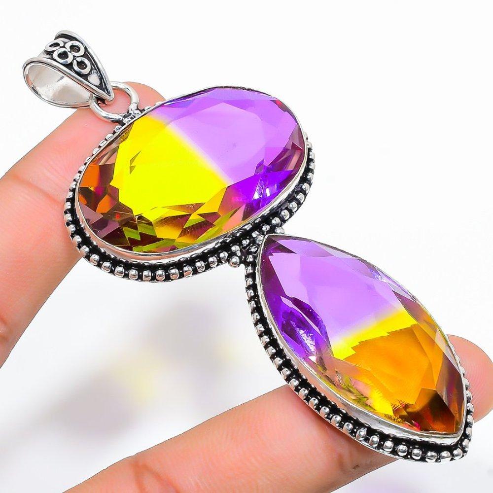 Подвеска из стерлингового серебра 925 пробы с натуральным двухцветным турмалином ручной работы 3,55 дюйма E7p70