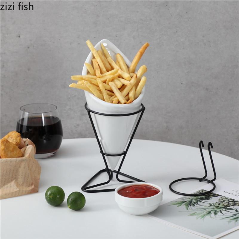 Ceramic French Fry Rack Set Iron Hanging Rack Snack Bowl Display Rack Cone-shaped Cake Dessert Plate Sauce Dish Tasting Plate