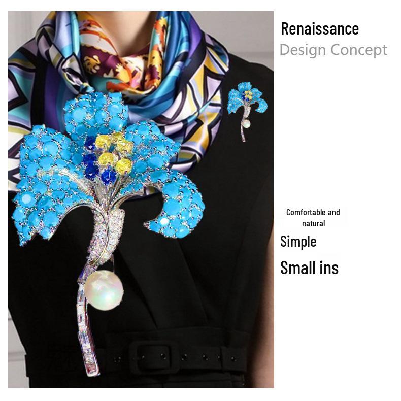 Ретро брошь-ирис с бирюзовой инкрустацией и цепочка для свитера - Роскошный двусторонний 3D женский аксессуар