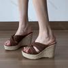 Fashion Women's Thick Bottom Slippers Summer Outdoor Wear Roman Straw Weave Wedges High Heels Sandals Casual Heightening Brown Slides