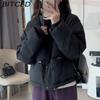 BITCED Short Stand-Up Collar Cotton Jacket for Women - Minimalist Oversized Fit Zipper Puffer Coat Solid Color