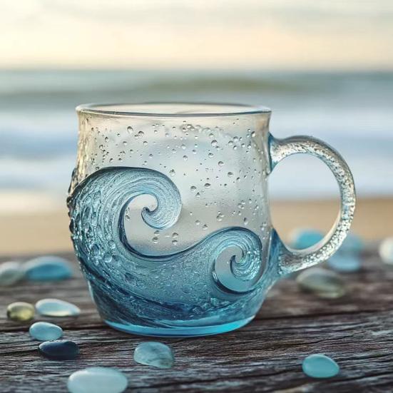 Yousheng Sea Glass Sunset Mug Thickened Glass with Wave Texture Gradient Color Water Cup Non-Slip Handle Glassware for Coffee Juice Iced Drinks