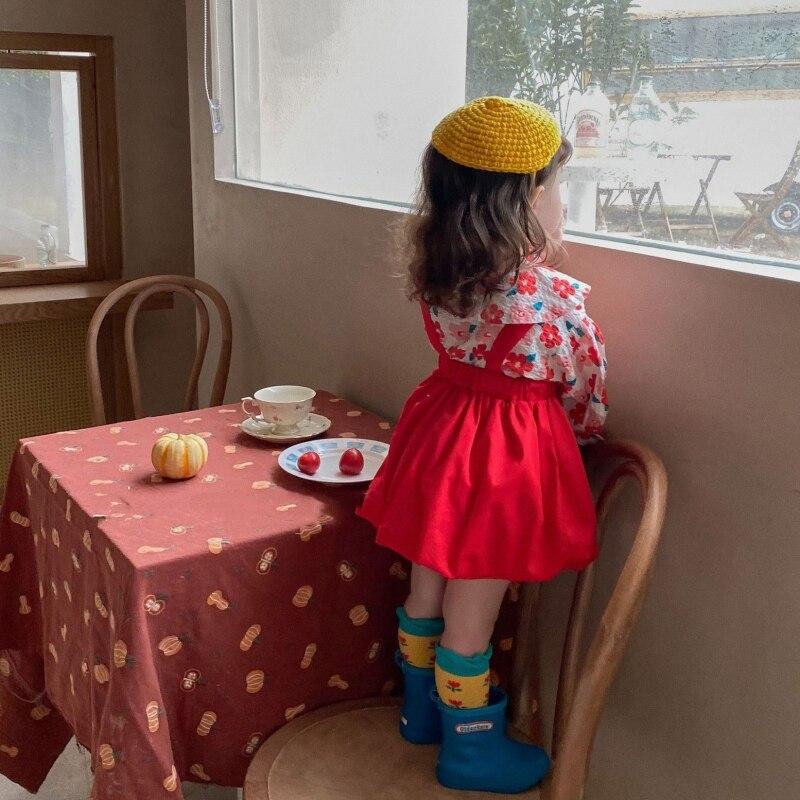 Детское платье для девочек, рубашка из двух частей с длинными рукавами и лацканами с цветочным принтом и юбкой