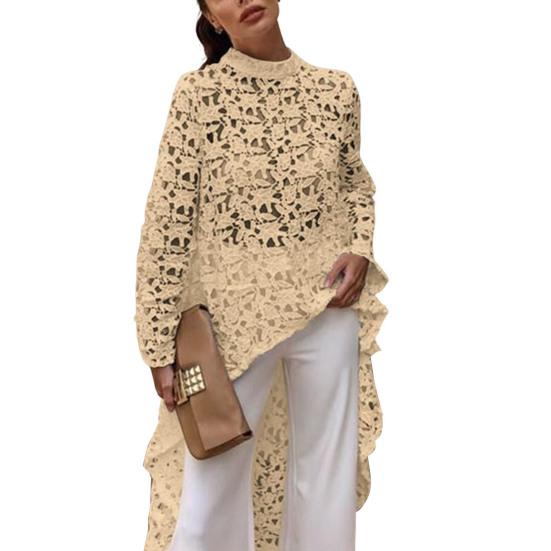 Женский длинный топ с вырезом, нерегулярное вязание крючком, кружево, цветочное лоскутное шитье, прозрачный, короткий спереди