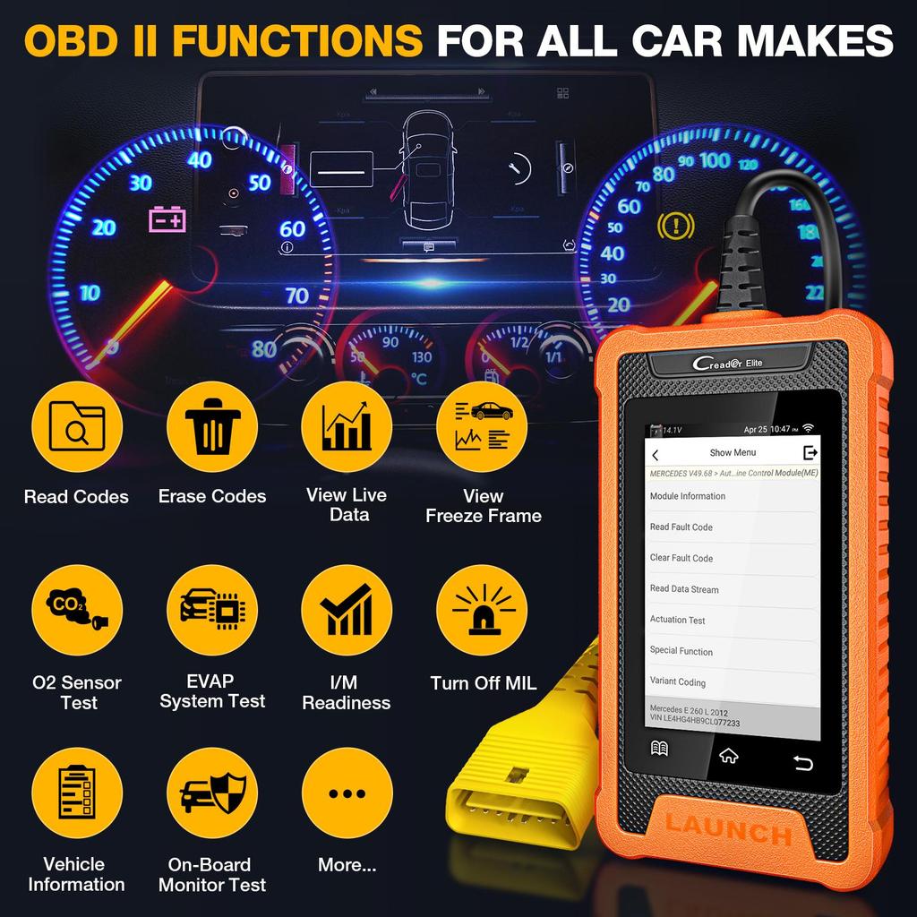 Car Diagnostic Tools LAUNCH X431 Creader Elite For BENZ Full System TPMS 31+ reset Function Online Coding OBD2 Scanner