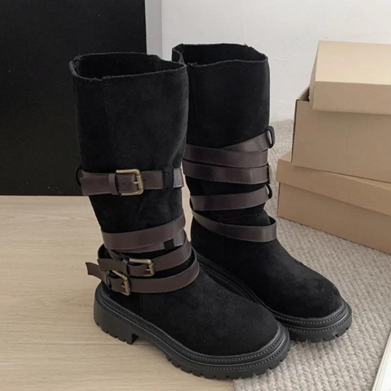 Женские сапоги на платформе до колена, замшевые туфли на плоской подошве, зимняя брендовая дизайнерская обувь 2025 года, новые повседневные модные ботинки «Челси» для снега