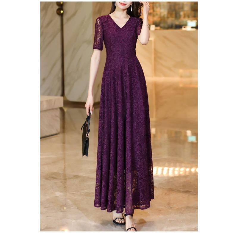 Женское кружевное макси-платье с V-образным вырезом, коротким рукавом, А-силуэта, элегантное вечернее платье для вечеринки