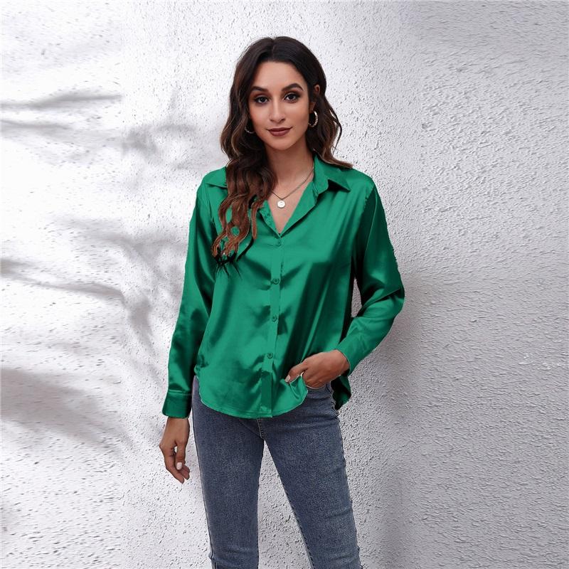 Women's Satin Blouse Long Sleeve V Neck Casual Button Down Shirt