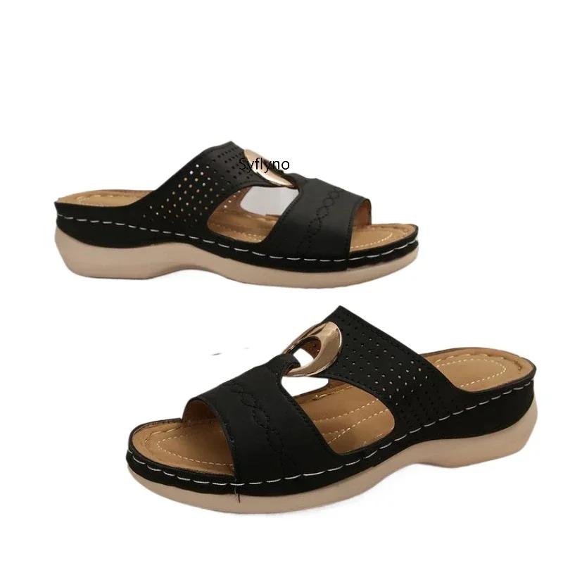 Модные сандалии женские пляжные тапочки на покатом каблуке полая подошва повседневные тапочки туфли на покатом каблуке ретро тапочки размер 35-44