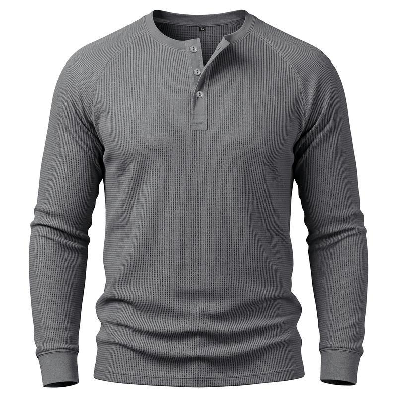 Мужская повседневная футболка-henley с длинным рукавом, однотонная, базовая