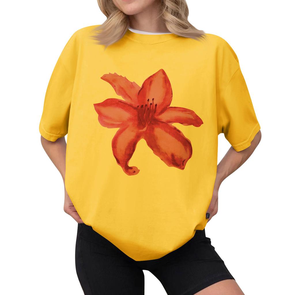 Women's Casual Printed T-Shirt Round Neck Pullover Short Sleeve Top