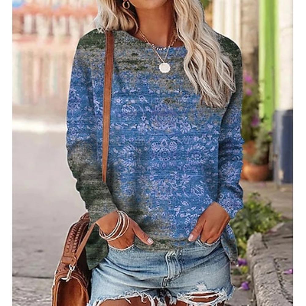 Женская футболка с принтом Daily Weekend Vintage Ethnic с длинным рукавом и круглым вырезом, красная, осень и зима