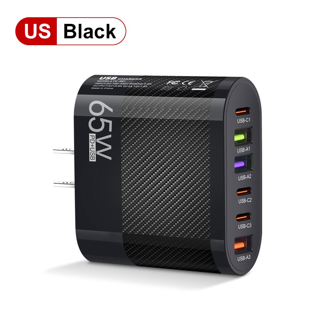 65W 6 Ports 3PD+3USB USB A USB C Wall Charger Mobile Phone FastCharging Adapter For iphone/Samsung Portable Charger