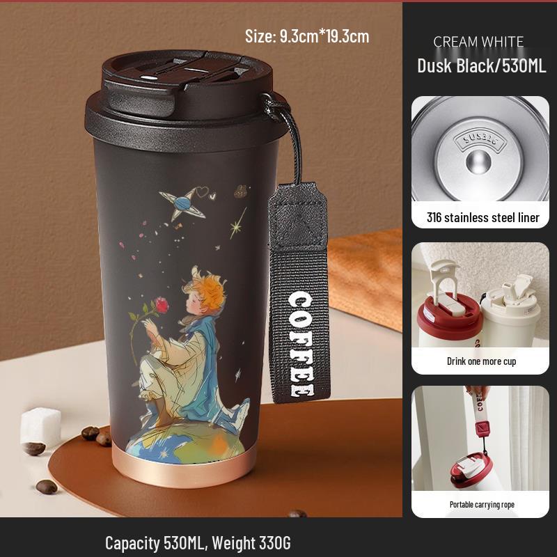 Термокружка из нержавеющей стали 316 для детей «Маленький принц» с трубочкой - Портативная версия, Кофейная и Подарок на день рождения