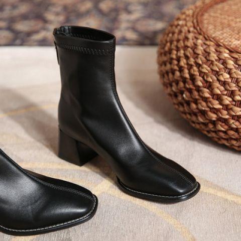 Giant Comfort Niche Square Head Extraordinary British Middle Heel Short Boots Brown Thick Heel Skinny Boots Women'S Bullet