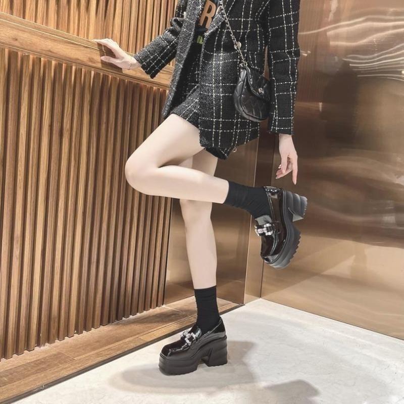 Женские туфли-лоферы Весна Осень Новые Британский стиль Массивный каблук Толстый высокий каблук Универсальные Маленькие кожаные туфли