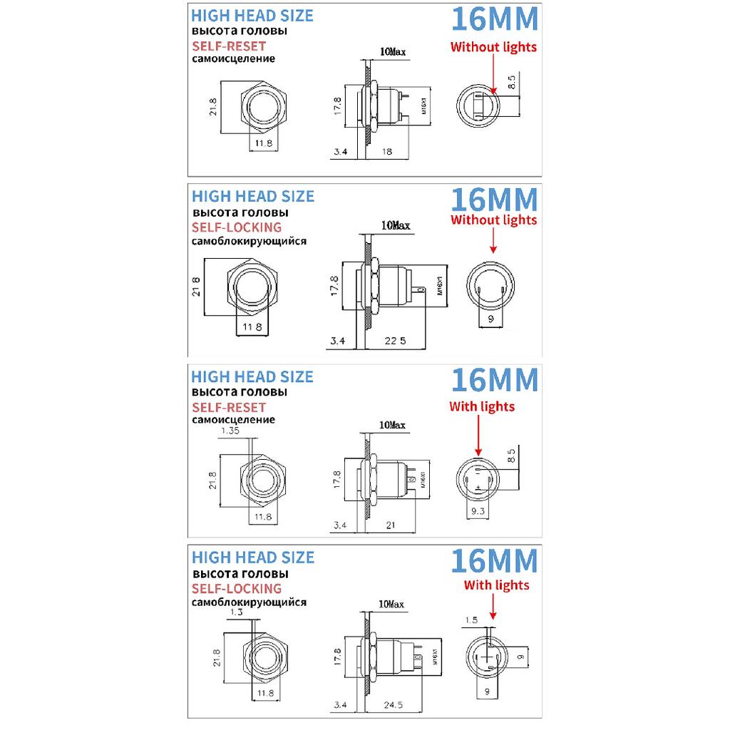 8 10 12 16 mm 3/6/12/24/110/220V pins high head small Waterproof Metal Push Button Switch LED Light Self-locking/Self-reset Switches4