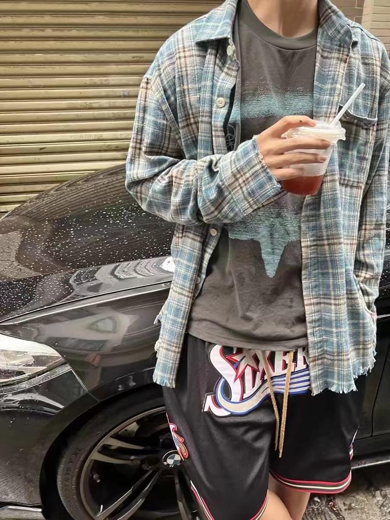 Рубашка из фланели в клетку с бахромой в стиле ретро, унисекс, весенняя, свободного кроя