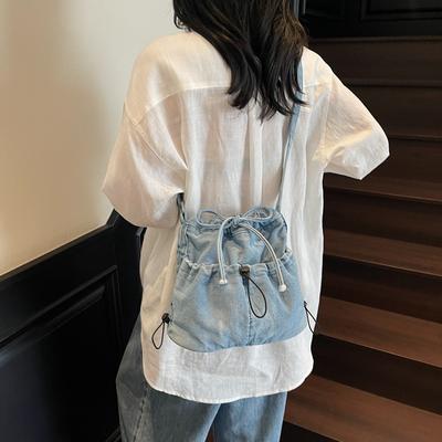 Винтажная джинсовая сумка через плечо женская сумка через плечо сумка-ведро с завязками и скошенной кромкой