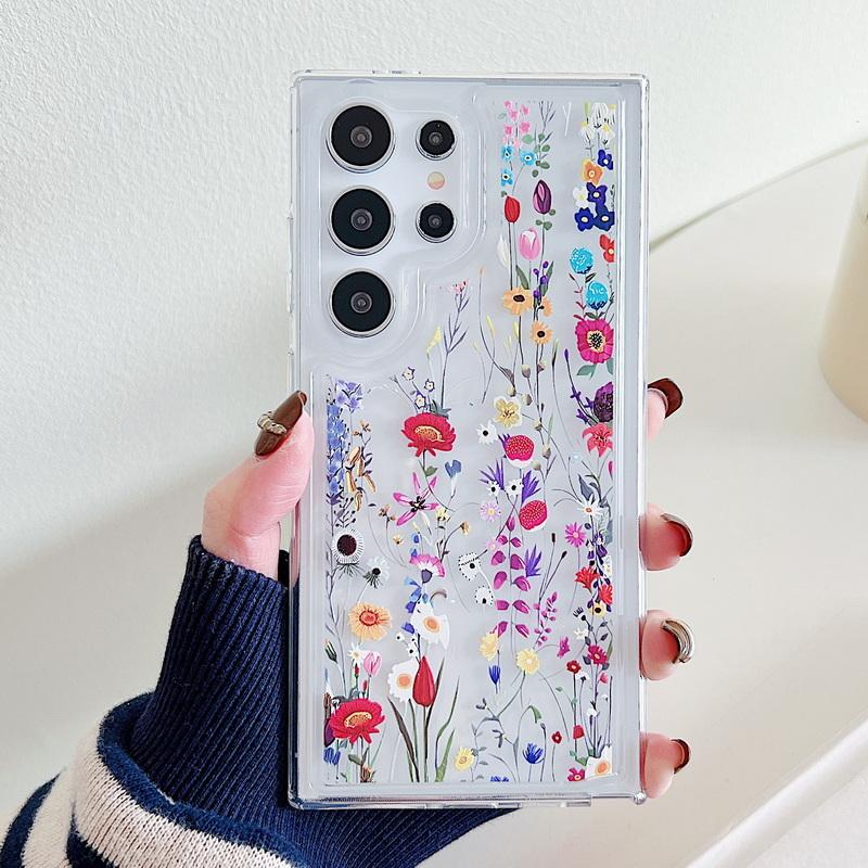 Floral Print Clear Phone Case For Samsung S25 Ultra S24 FE S23 Plus S22 A16 A36 A55 A35 A25 A15 A54 A53 A52 A33 A34 A24 A72 A73 Transparent TPU Cover