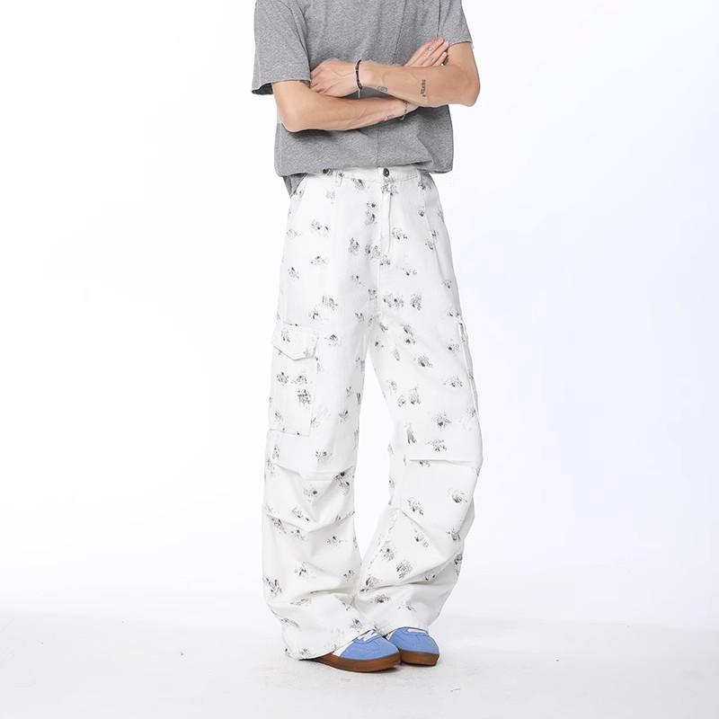 Trend Floral Pleated Wide-leg Jeans Men's and Women's Mid-waist Design Sense Large Pockets Loose and Thin Straight Floor Pants
