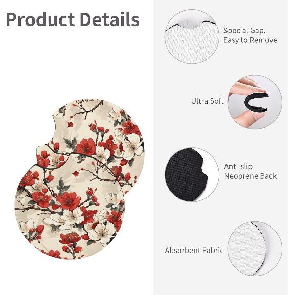 Japanese White Red Cherry Blossom Car Coasters for Cup Holders Absorbent Neoprene Coaster 2 Pack Car Cup Holder Coasters for Women Men Car