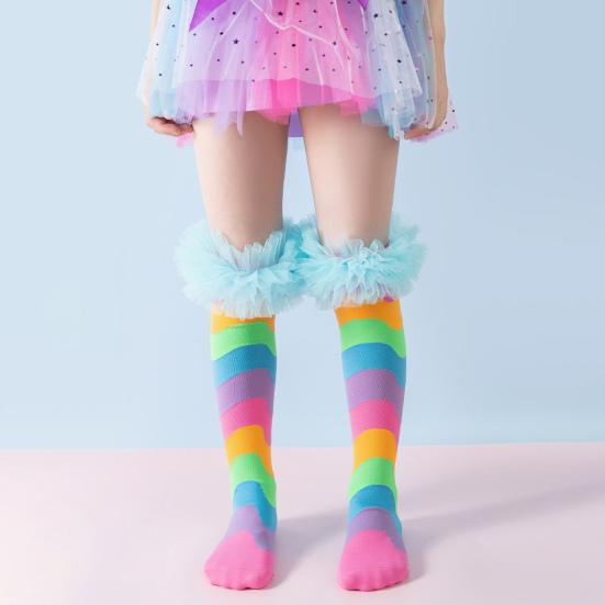 Детские радужные гольфы до колена, красочные гольфы до колена, забавные носки для сапог для девочек с тюлевой оборкой для маскарадных вечеринок, праздничных мероприятий