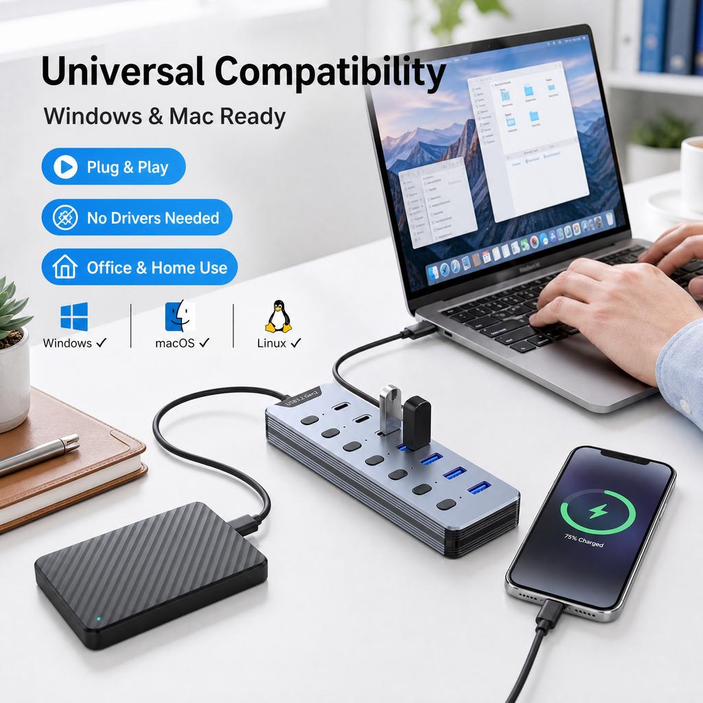 10 Гбит/с USB 3.2 Gen2 Хаб 7 Портов 4A+3C Питаемая Док-станция Индивидуальные Переключатели 24 В Постоянного Тока Алюминиевый USB-разветвитель для Windows Mac Ноутбука Жесткого Диска
