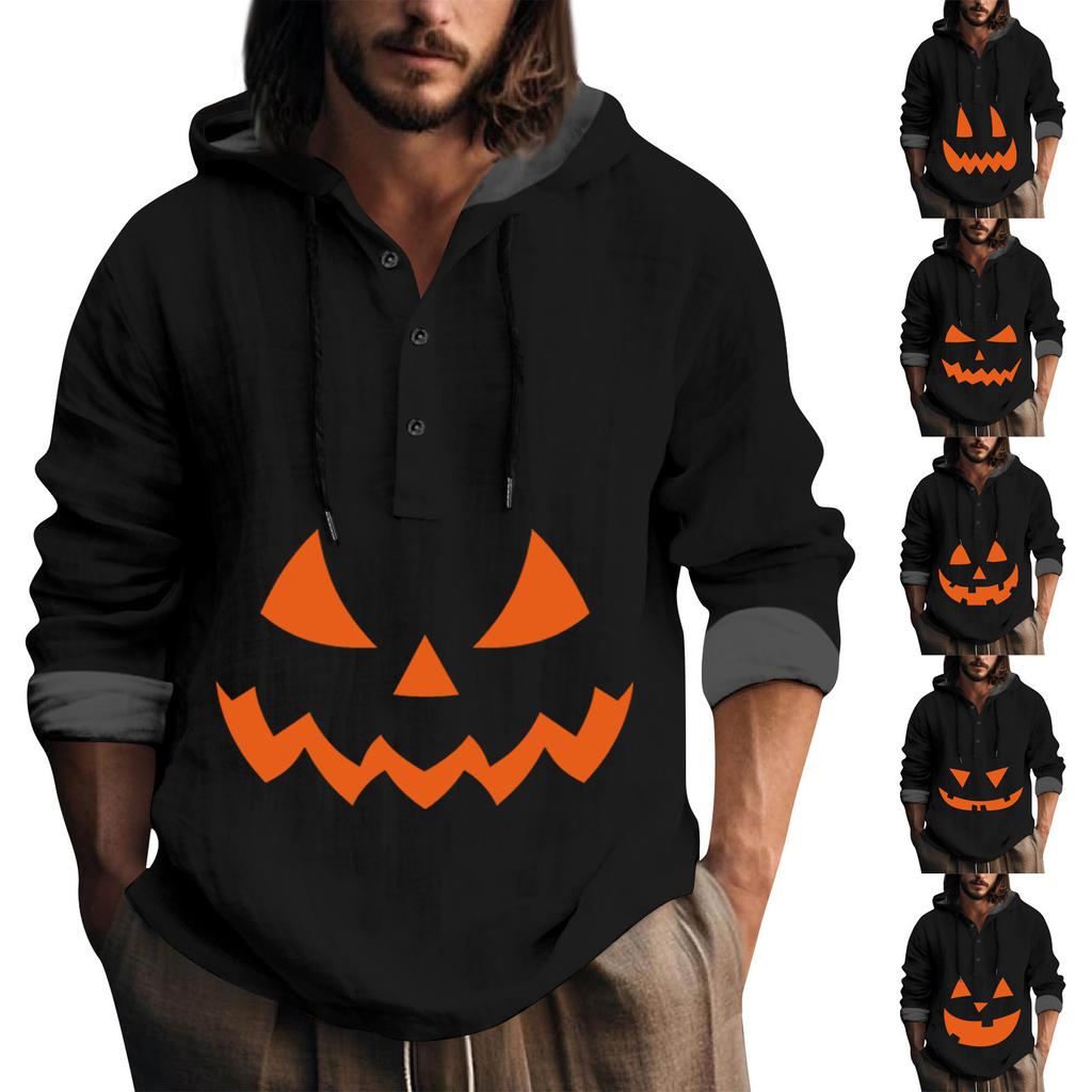 Halloween Printed Hooded Men's Oversized Drawstring Button Hoodie