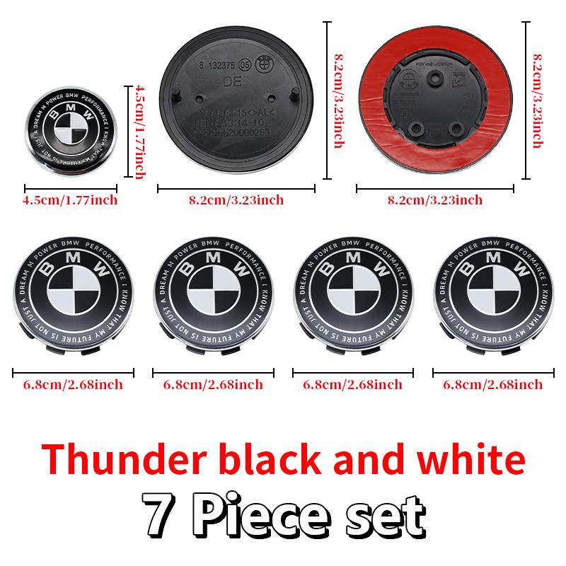BBKR7 Car Thunder black white Logo Front Hood Emblem 82mm+Rear Badge 74mm+Wheel Hub Cap 68mm+56mm steering wheel sticker For All BMW