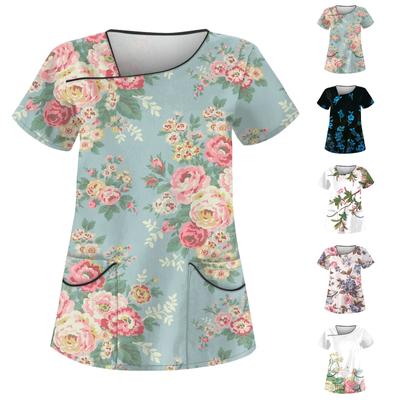 Женская повседневная рабочая одежда с короткими рукавами и принтом, топ с двойным карманом