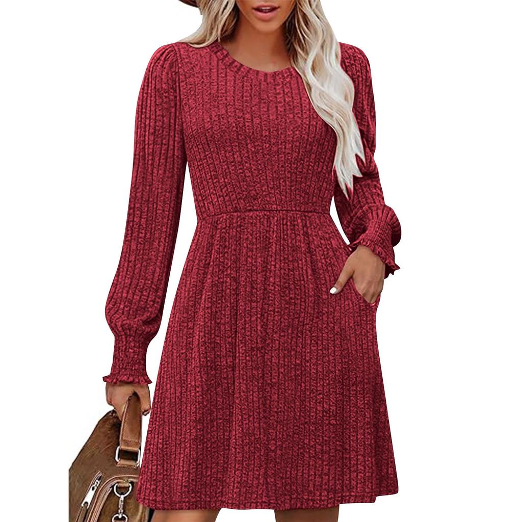 Женское модное платье свободного кроя с длинными рукавами, круглым вырезом, пэчворком и однотонной расцветкой