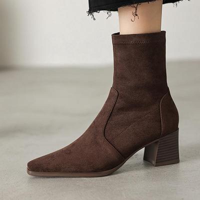 Флок Зима Квадратный Носок Массивный Каблук Модные Ботинки Женские Молния Ретро Стрейч Женские Ботильоны