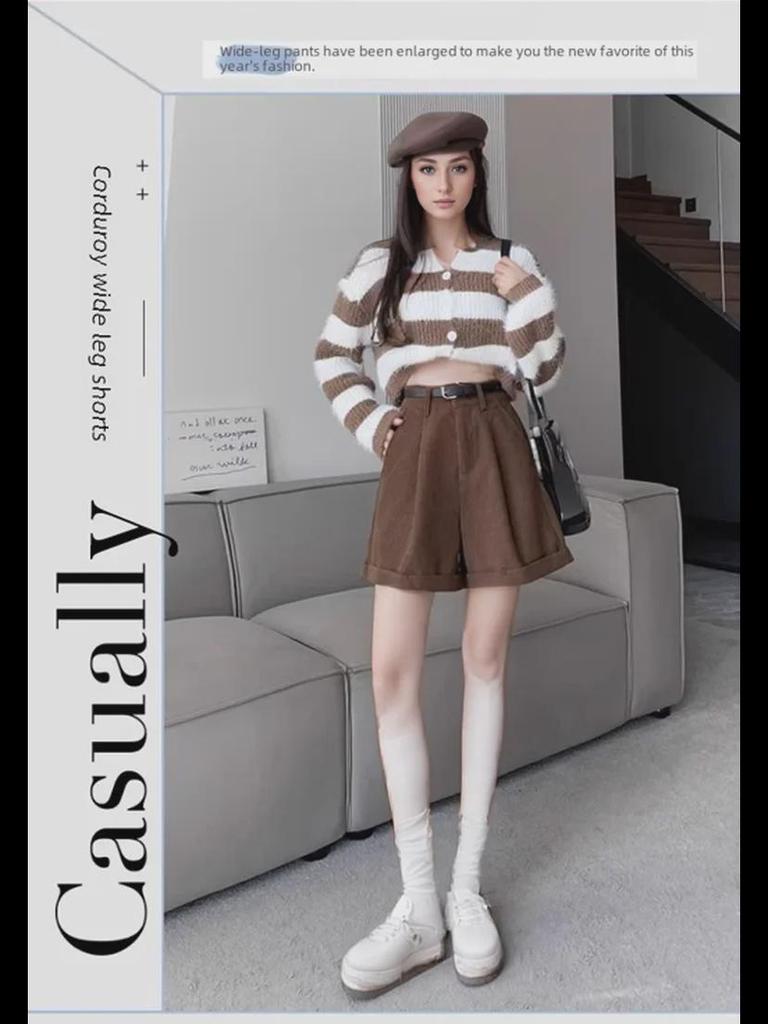 Женские коричневые вельветовые шорты с высокой талией — облегающий широкий А-силуэт, идеальный вариант для осени/зимы 2023 г.